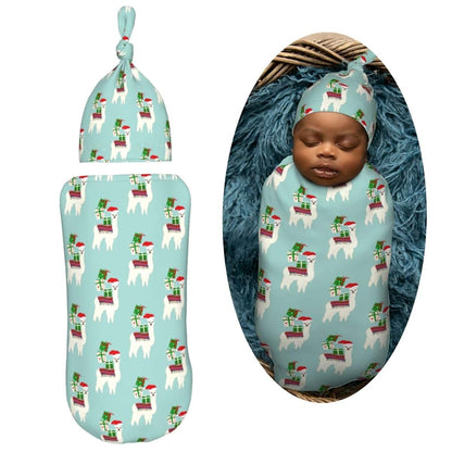 Muishi Cute Christmas Llamas Newborn Swaddle Blanket and Hat Set