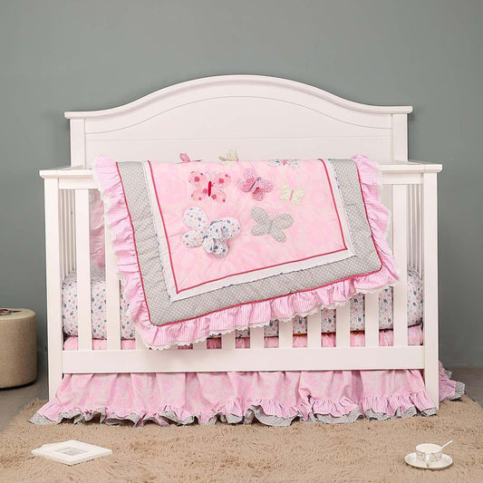 CribMATE 4 PCs Pink Butterfly Nursery Crib Bedding Set Baby Girl Embroidery Butterfly Cot Bedding Set 1 Quilt + 2