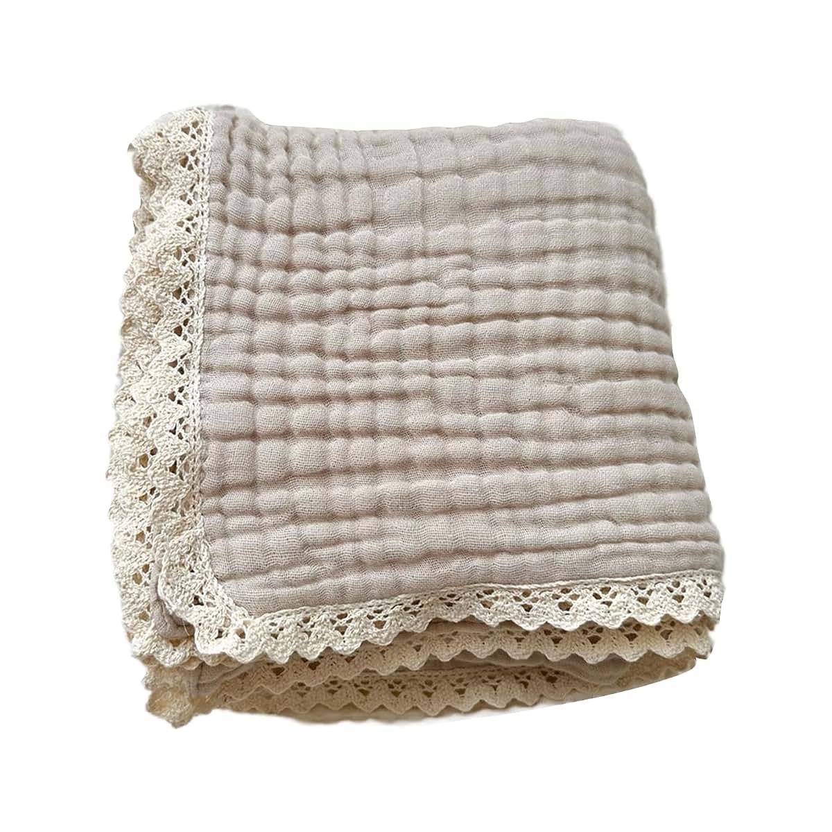 Houniixie Cotton Gauze Blanket With Delicate Lace Trim - Beige