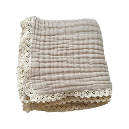 Houniixie Cotton Gauze Blanket With Delicate Lace Trim - Beige
