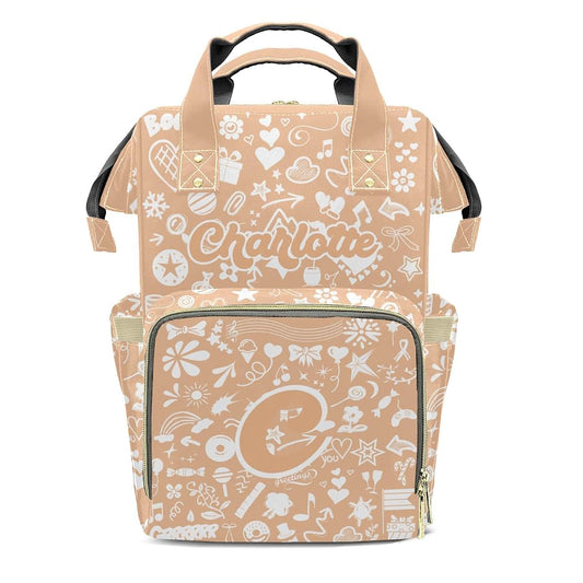 YallLocoMo Custom Name Diaper Bag Backpack Gift Light Orange Heart Multifunction Travel Backpack Nappy Bag Daypack for