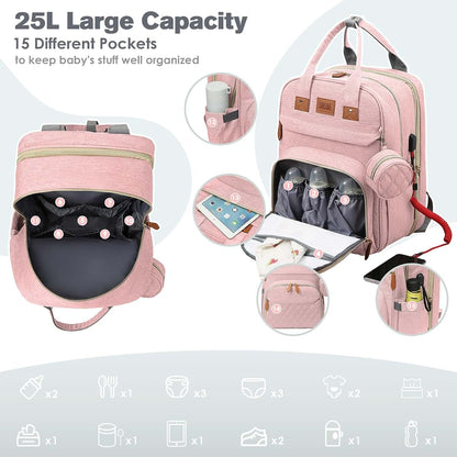 Diaper Bag Backpack with Changing Station, Pink, 25L 900D Nylon, USB Port & Insulated Pockets