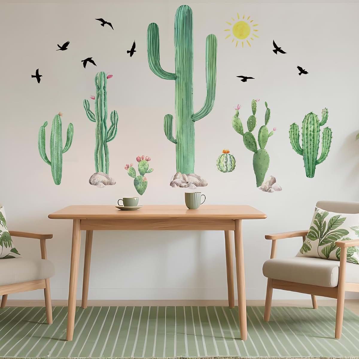 Refamaee Watercolor Cactus Wall Decals Set, Birds and Sunshine Desert Themed Decor Wall Stickers, Removable Vinyl