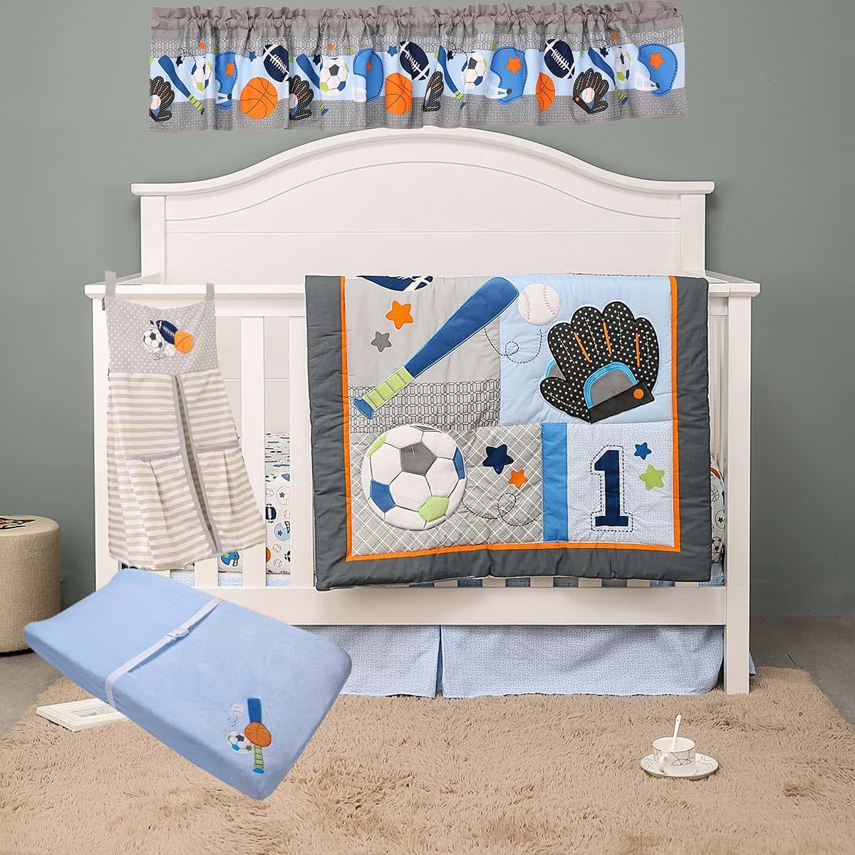 CribMATE 6 Pieces Blue Sports Themed Nursery Crib Bedding Set