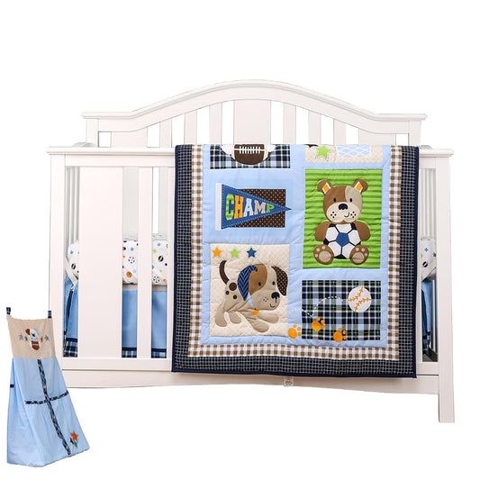 CribMATE 4 PCs Blue Sports Puppy Theme Nursery Crib Bedding Set Quilt +Fitted Sheet + Skirt +Diaper Organizer Baby Boy