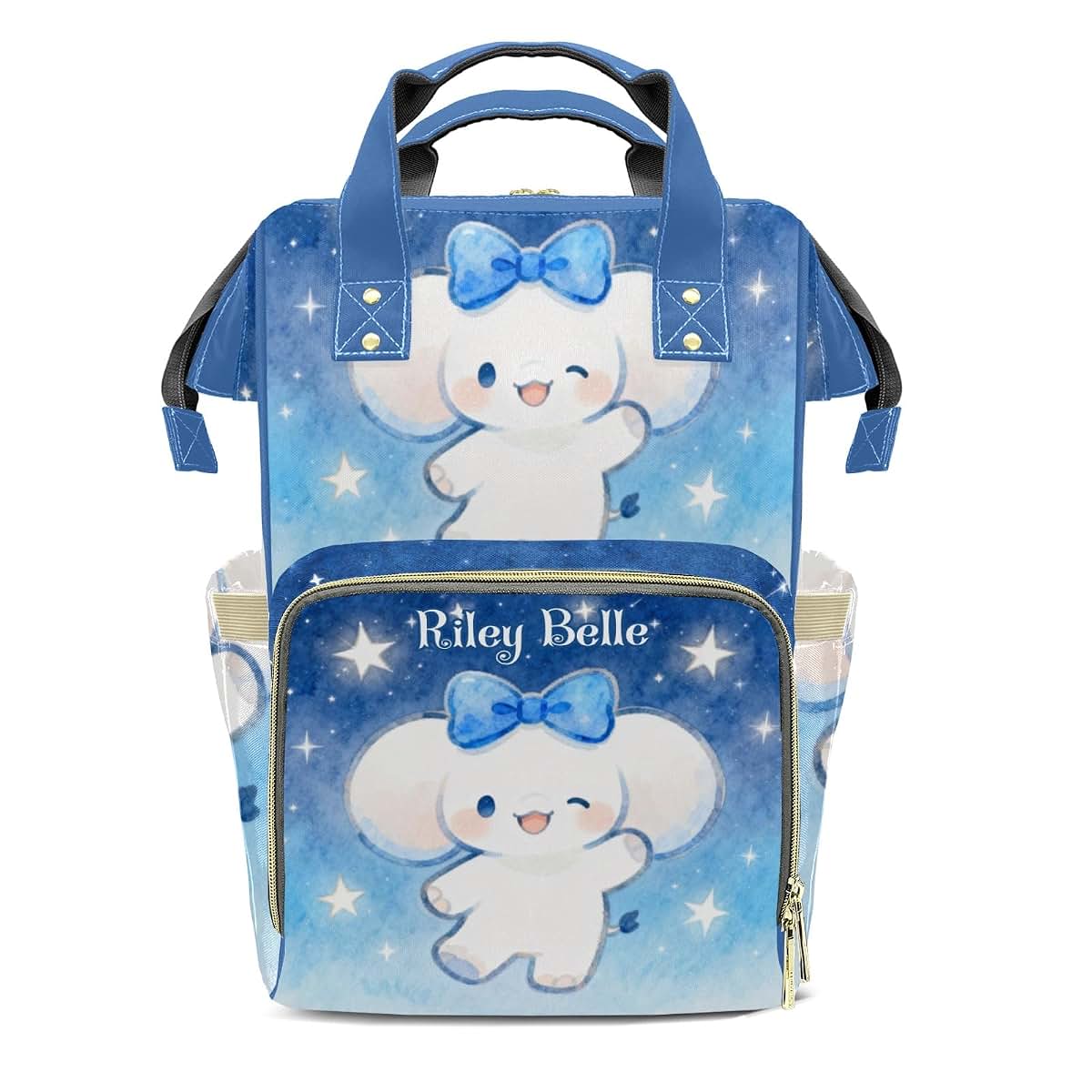 LiSoAkWE Personalized Diaper Bag Backpack,Blue Bow Elephant Night, Nappy Backpack for Travel Outdoor Name,Custom