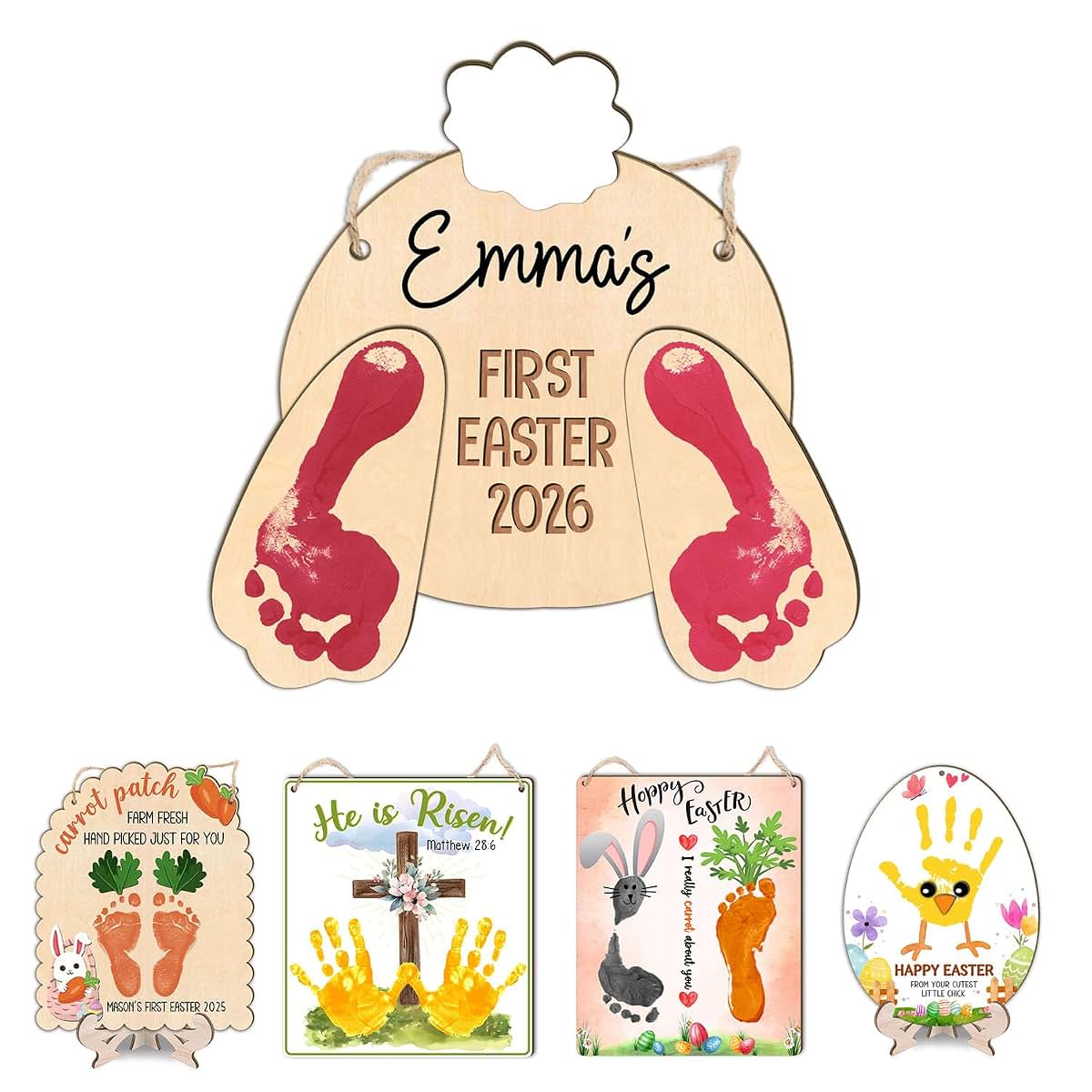 Beethis Baby's First Easter 2026 Bunny Footprint Wooden Keepsake Sign