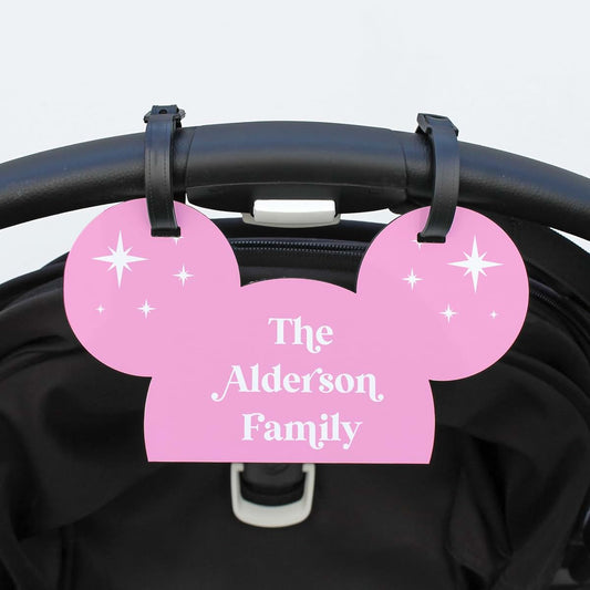 MYETCHEY Personalized Stroller Name Tag, Mouse Ears Sign, Family Stroller License Plate Sign for Theme Parks, Amusement