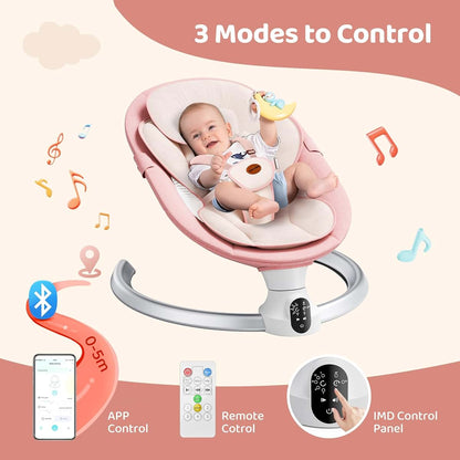 Electric Baby Swing for Infants with Bluetooth App Control and 5-Point Harness, Pink
