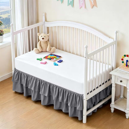 Cobedzy Ruffled Crib Bed Skirt, Grey, Soft Double Layer, 28 X 52 Inch, 14 Inch Drop