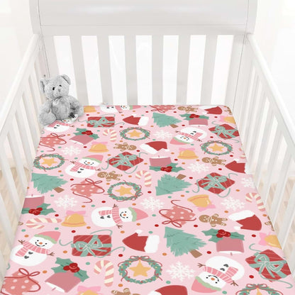 Cstdyfrv Pink Snowman Baby Crib Sheets Santa Hat Christmas Tree Candy Gift Baby Sheet Winter Holiday Festive Fitted (photo 2)