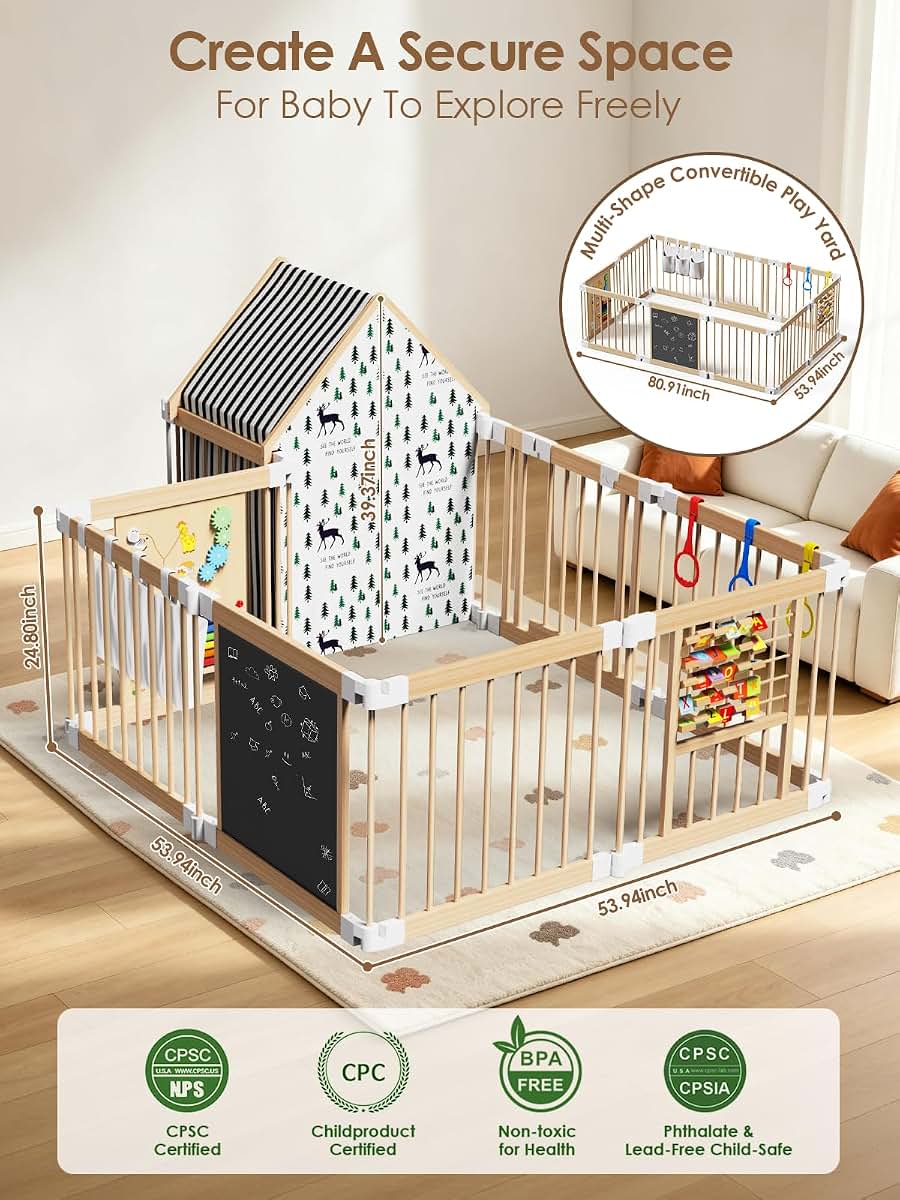 BabyOneStop Large Wooden Playpen With Locking Gate And Sensory Activity Panels