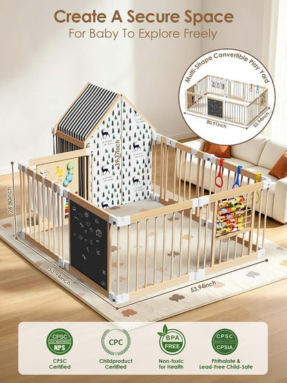 BabyOneStop Large Wooden Playpen With Locking Gate And Sensory Activity Panels
