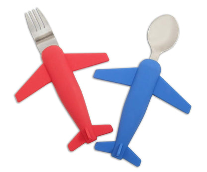 BabyOneStop Kids Airplane Fork and Spoon Set, Stainless Steel and Silicone, Dishwasher Safe
