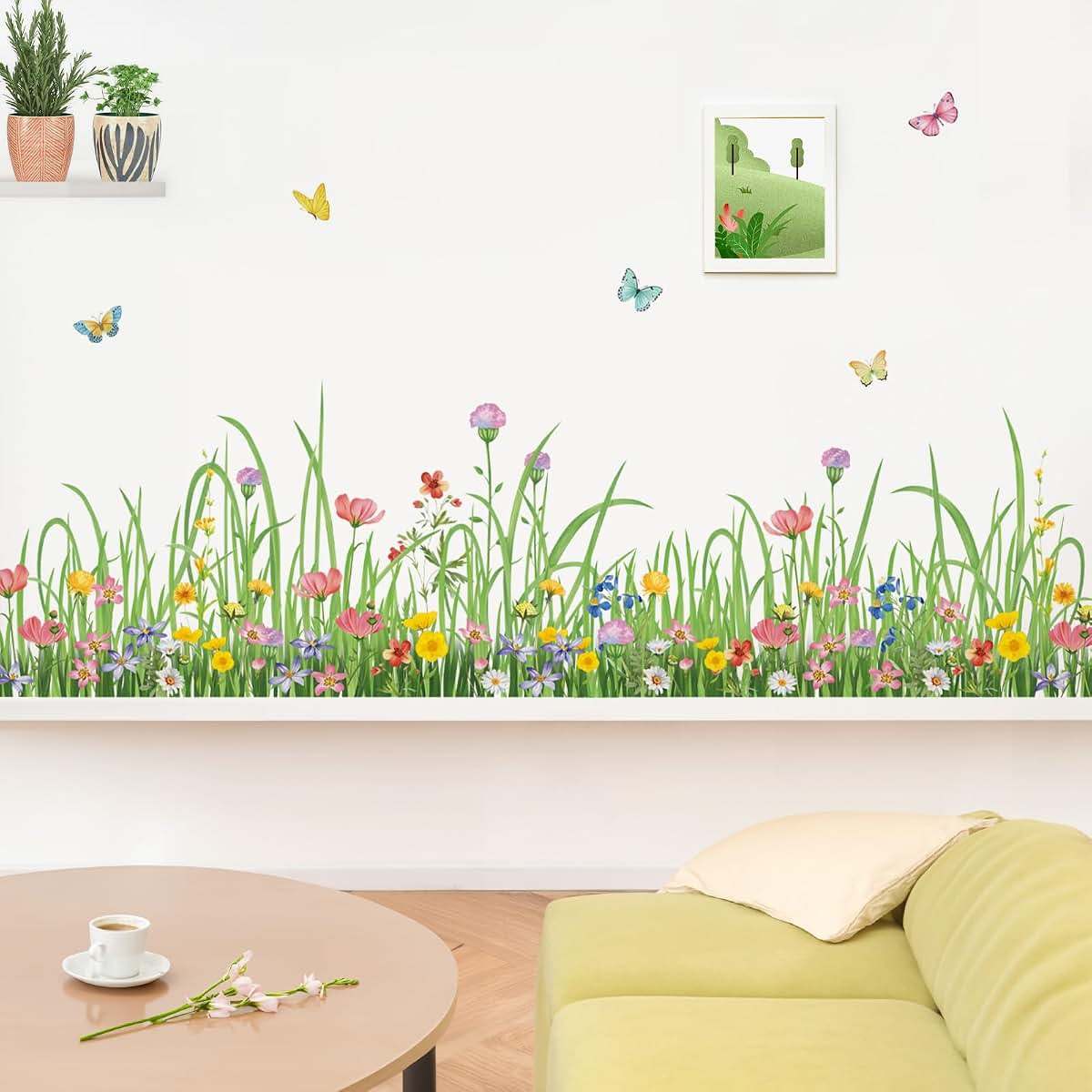 wondever Green Grass Floral Wall Decals Wildflower Wall Corner Stickers