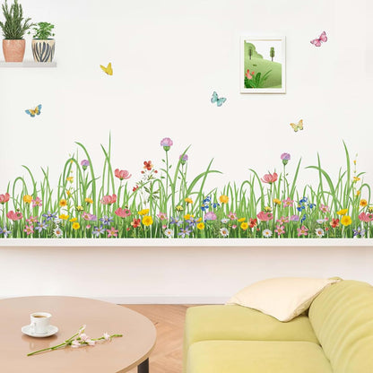wondever Green Grass Floral Wall Decals Wildflower Wall Corner Stickers