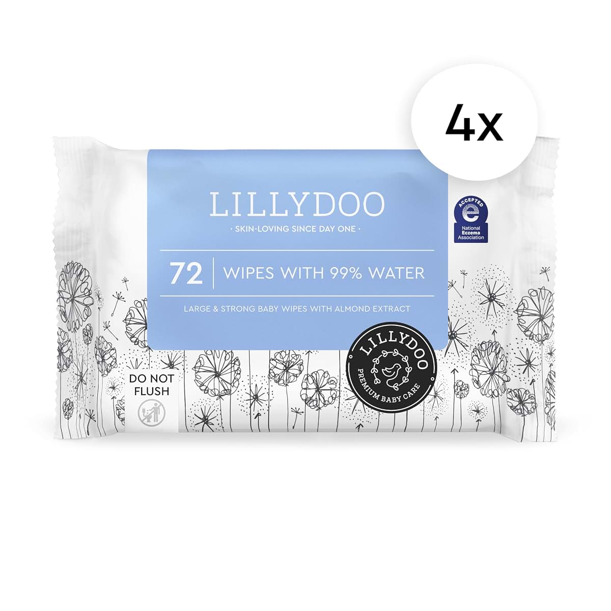 Lillydoo Large Baby Wipes, 99% Water, Unscented, 4 Packs Of 72