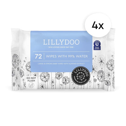 Lillydoo Large Baby Wipes, 99% Water, Unscented, 4 Packs Of 72
