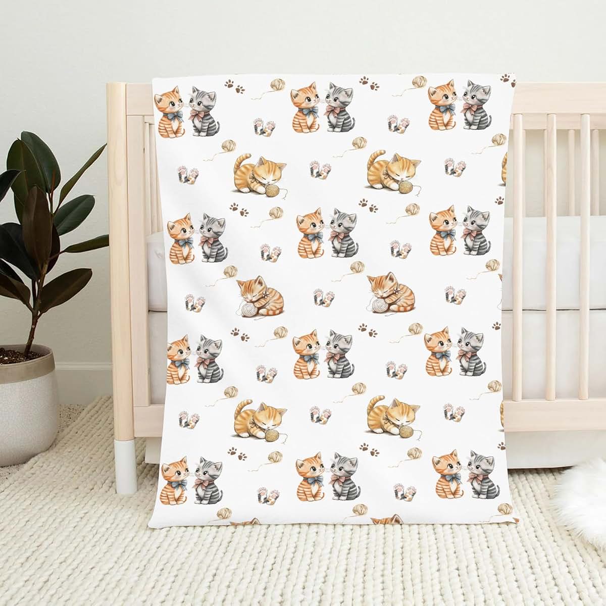 Wicbfdfv Cute Kitten Bows Baby Blankets for Boy Girl Cartoon Cats Paws Swaddle Blankets Cat Lover Gift Flannel (photo 2)
