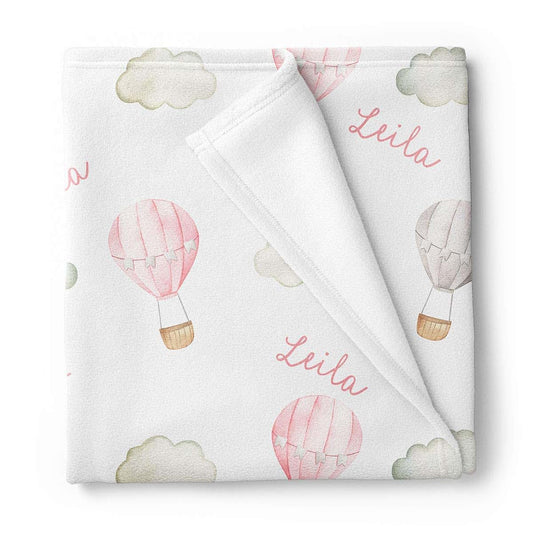 Lovable Gift Co Hot Air Balloons Personalized Baby Receiving Swaddle Blanket, Pink