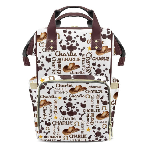 LiSoAkWE Rodeo Hat Print Cow Personalized Diaper Bag Backpack with Name,Customized Nappy Backpack for Baby Girls