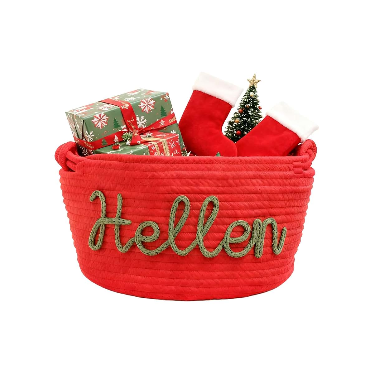 Sitycmt Personalized Christmas Basket with Name, Custom Woven Cotton Rope Baby Basket Organizer for Baby Toys, Storage