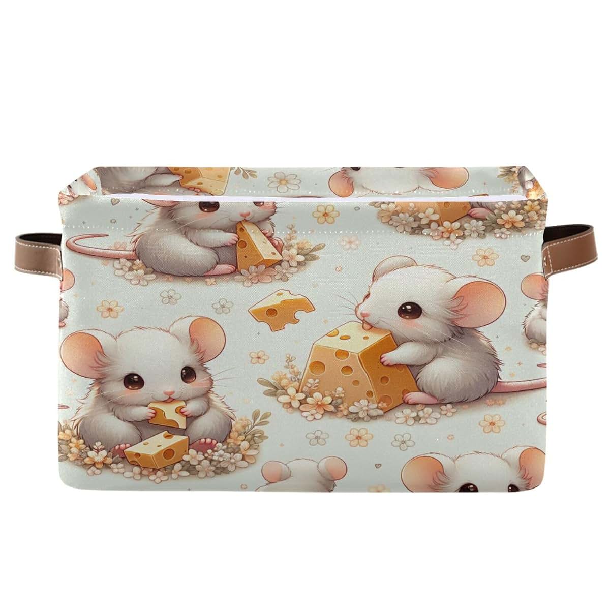 Maunzc Cute Fluffy Mices Storage Bin, Collapsible Canvas Basket with Metal Frame and Handles, 1-Pack