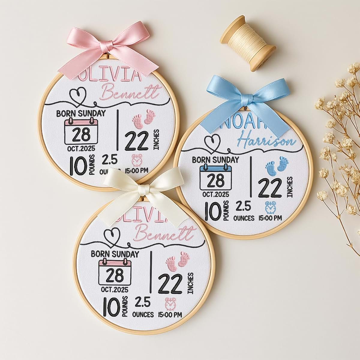 Chikky Personalized Baby Name Sign Newborn Baby Embroidery Hoop with Bows Welcome Baby Announcement Sign Baby Hospital (photo 2)