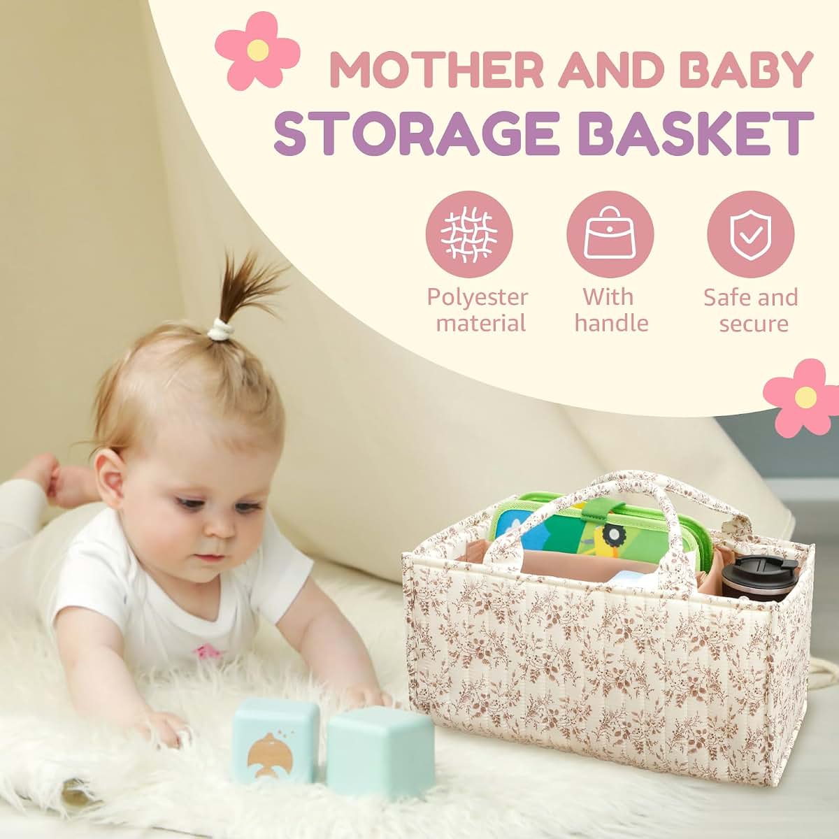 BBENIN Floral Diaper Caddy Organizer with Removable Dividers