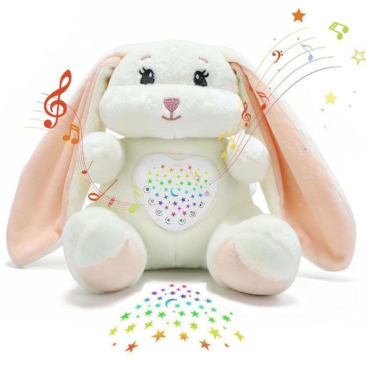 JUHOT Baby Sleep Soother Bedtime Bunny Toy with Cry Sensor, Mom‘s Heartbeat Lullabies White Noise, Starlight Projector