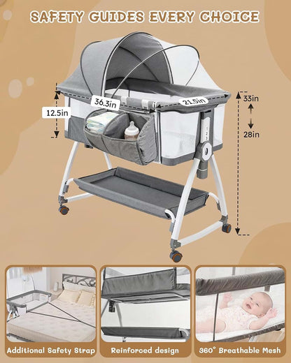 Leoavetole Baby Bassinet With Wheels And 6 Height Settings, Deep Gray
