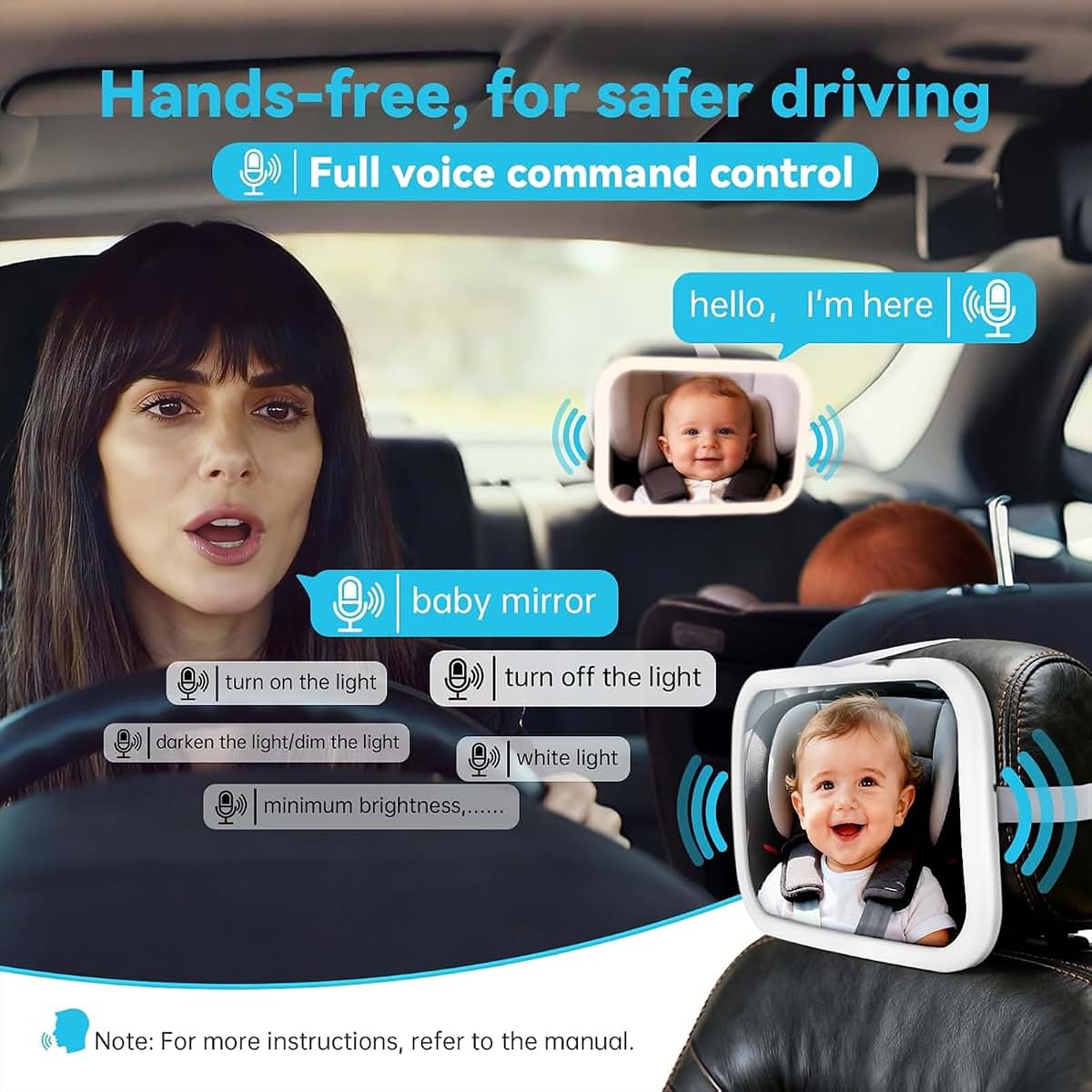 BeeChip Baby Car Mirror, Voice Control Light, Wide View