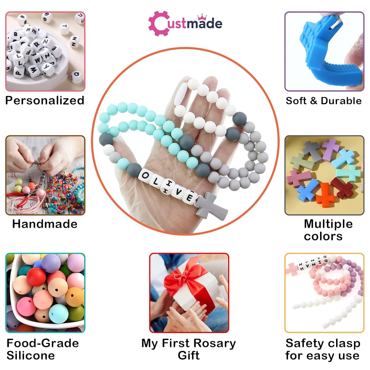 Custmade Personalized Silicone Rosary with Name Rosary Cross for Boy Girl