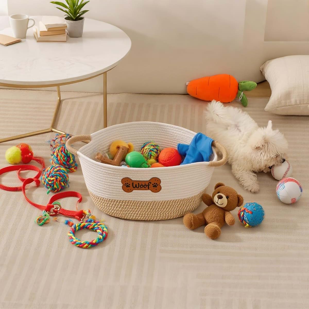 Tidelit Woven Cotton Rope Pet Toy Basket, Yellow Woof