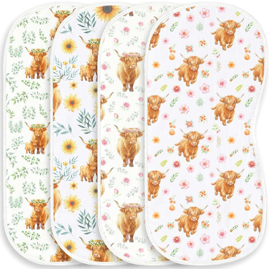 Spriggenix 4 Pack Baby Burp Cloths in Highland Cow Floral Design