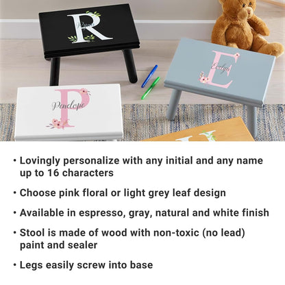 Let's Make Memories Personalized Step Stool - for Ages 3+ - Wood - Floral Design - Gray (photo 3)