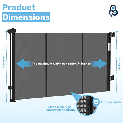 Retractable Mesh Gate for Stairs & Doorways - Black Pet/Child Barrier