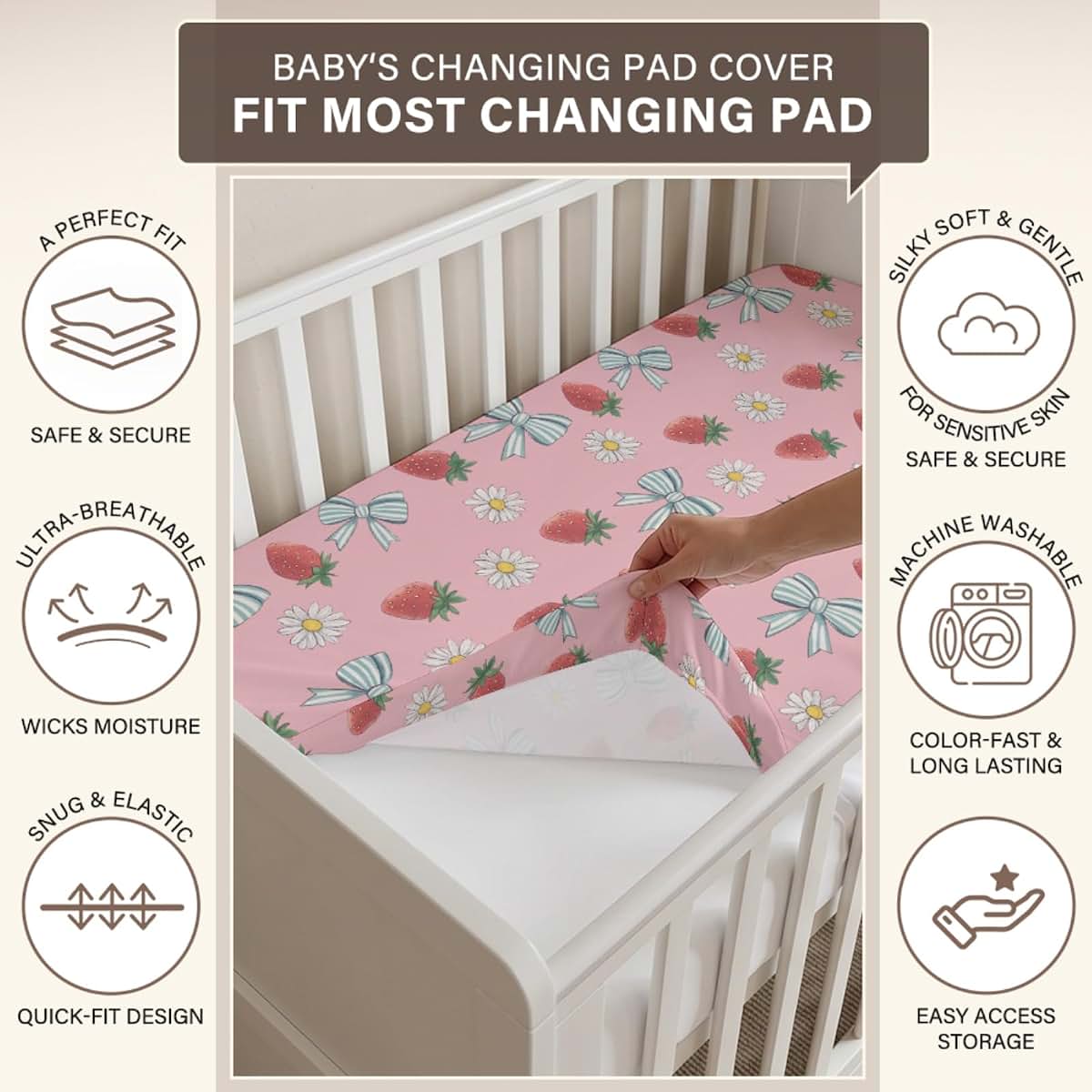 S2tMhb Strawberry Pattern Changing Pad Cover Liner for Girl Boy,Bows Daisies Theme Snug Fitted Diaper Table Covers for (photo 3)