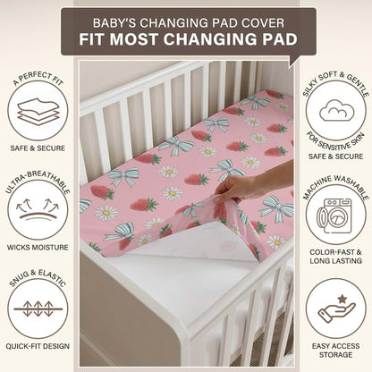 S2tMhb Strawberry Pattern Changing Pad Cover Liner for Girl Boy,Bows Daisies Theme Snug Fitted Diaper Table Covers for (photo 3)