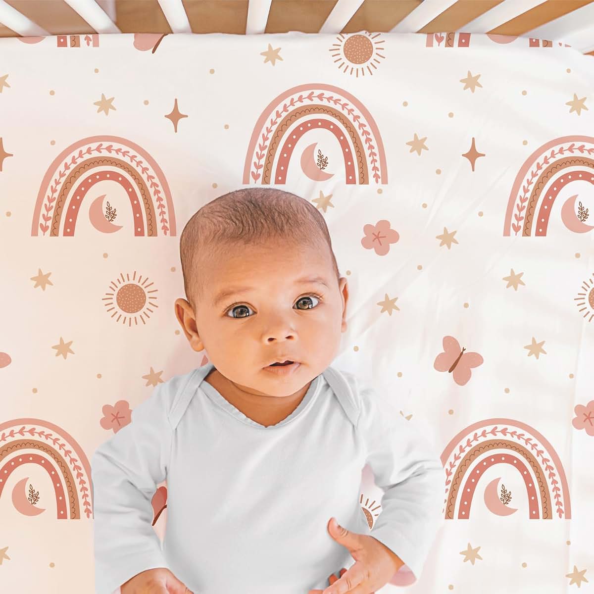 The Peanutshell 3 Piece Baby Crib Bedding Set for Girls, Boho Rainbow with Fitted Sheet, Quilt and Bed Skirt