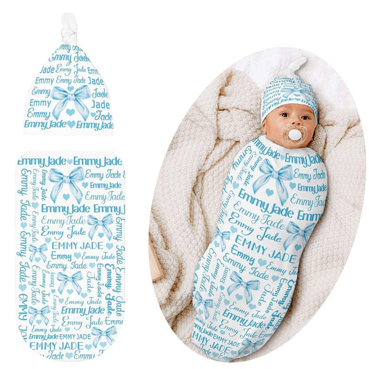LiSoAkWE Personalized Baby Blue Bow Baby Boy Girl Swaddle Blanket Hat,Custom Baby Gifts,Newborn Swaddle Wrap