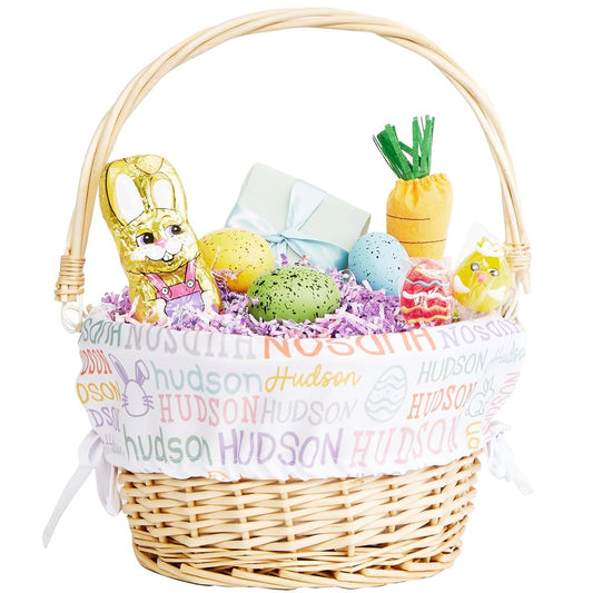 Personalization Universe Easter Repeating Name Personalized White Gift Basket with Drop-Down Handle – Custom White &