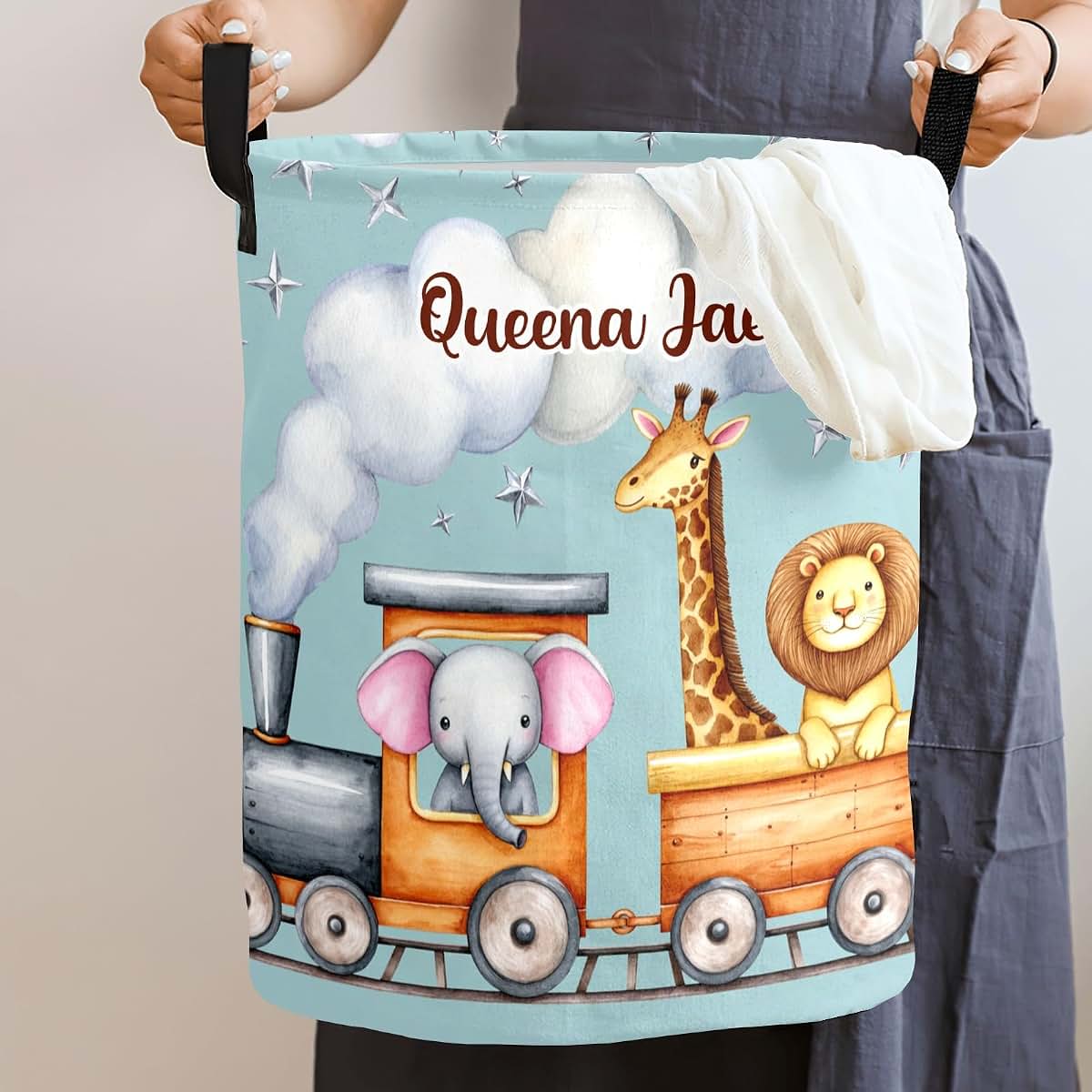 Joyestore Personalized Train Elephant Laundry Hamper, Toy Storage Bin, Nursery Decor (photo 2)