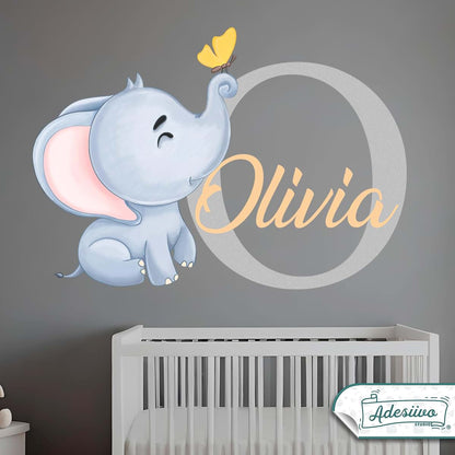AdesiivoStudio Customizable Elephant Wall Decal with Initial and Name - Personalized Baby Name Sticker - Cute Animal