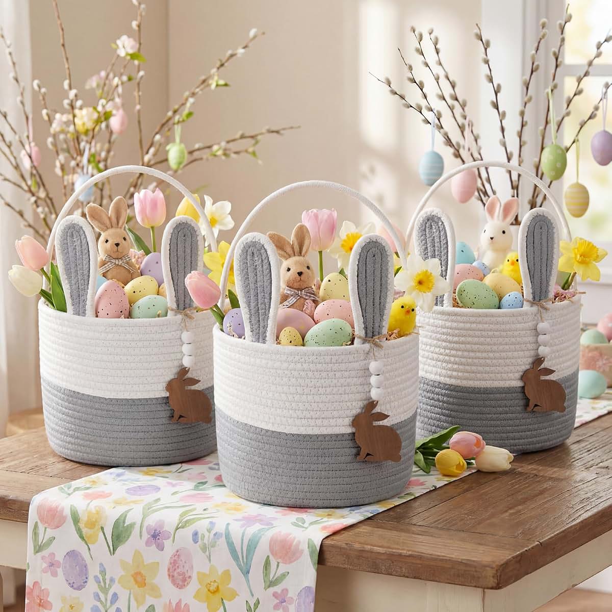 Breezehug 3 Pcs Easter Baskets for Kids, with Name Tag, Grey (photo 4)