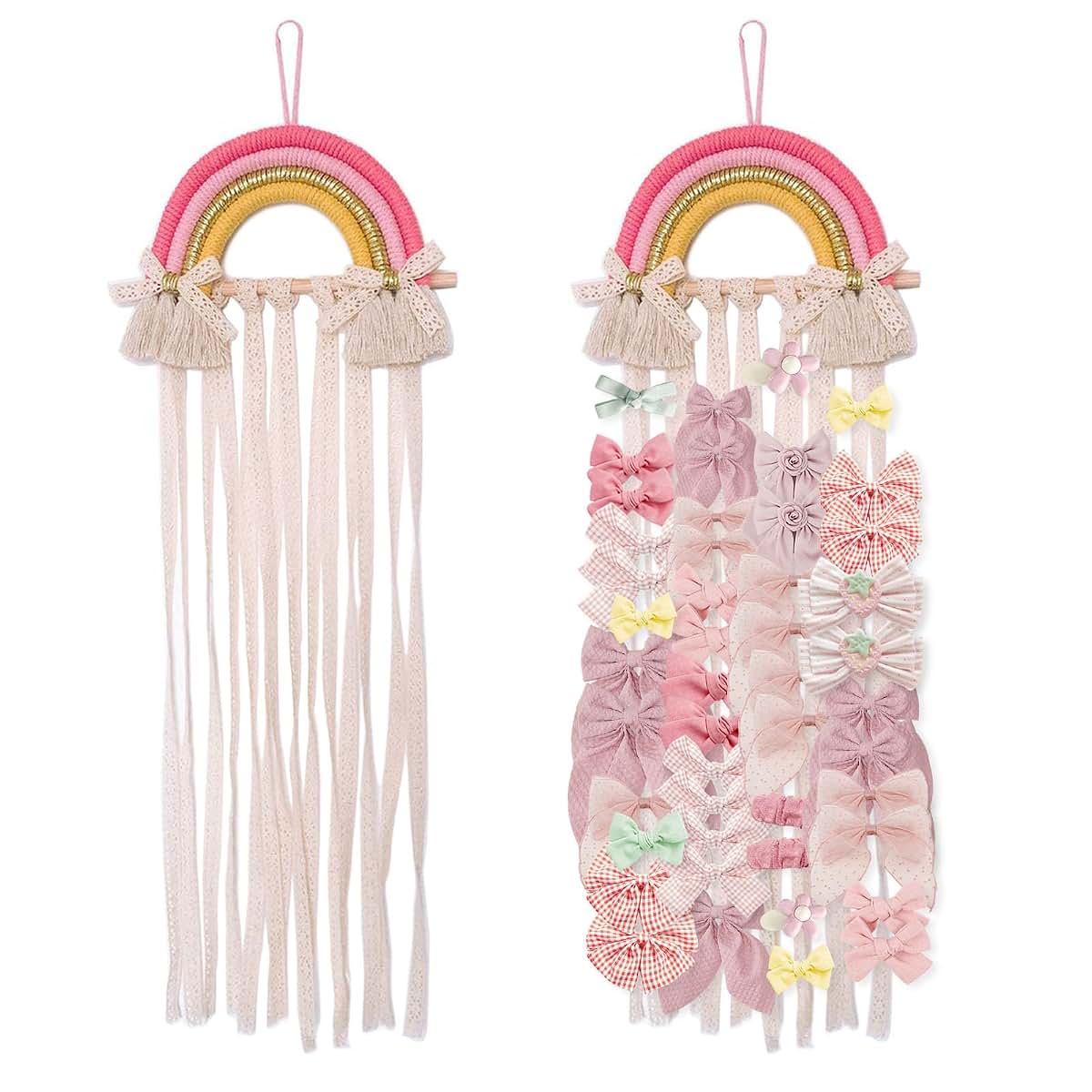Nicrolandee Rainbow Tassels Hair Bows Holder Hanging Organizer