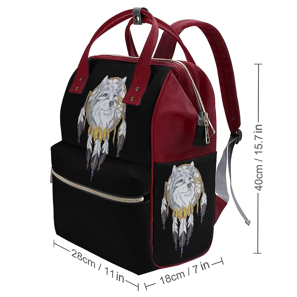 SONGTING Watercolor Wolf and Dreamcatcher Diaper Bag Backpack Travel Waterproof Mommy Bag Nappy Daypack Red-Style (photo 2)