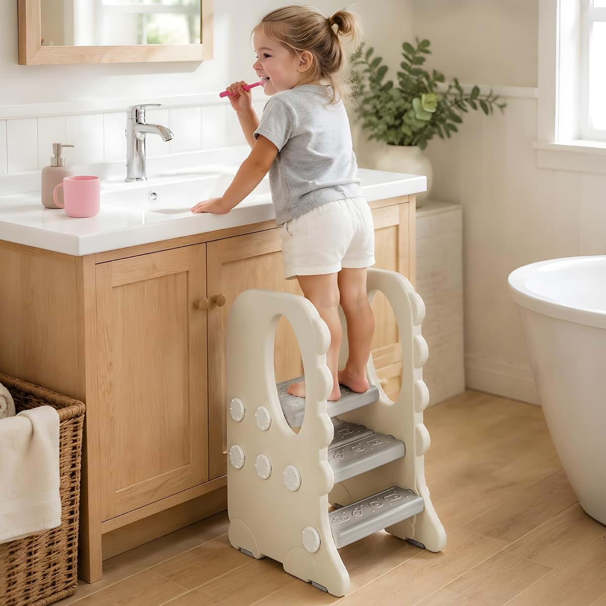 BIGOU Toddler Step Stool for Bathroom Sink, Adjustable 3 Step Stool for Kids | Toilet Stool Potty Training, Kitchen
