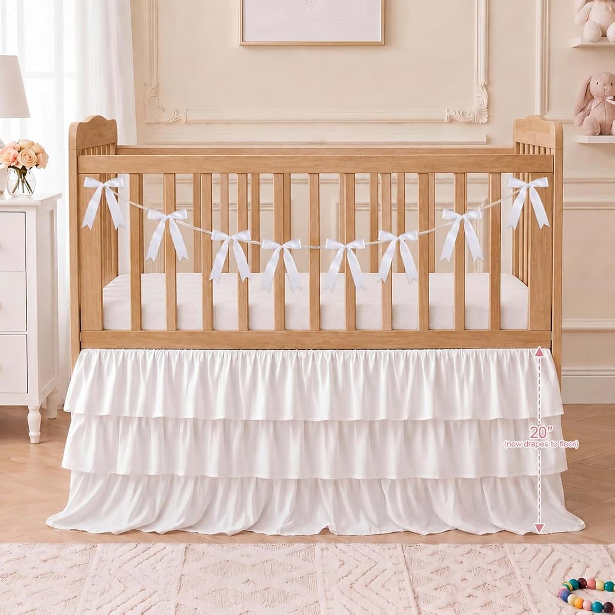 CrystalSylara Extra Long White Ruffled Crib Skirt With 8 Piece Bow Set
