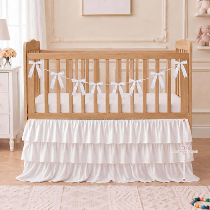 CrystalSylara Extra Long White Ruffled Crib Skirt With 8 Piece Bow Set